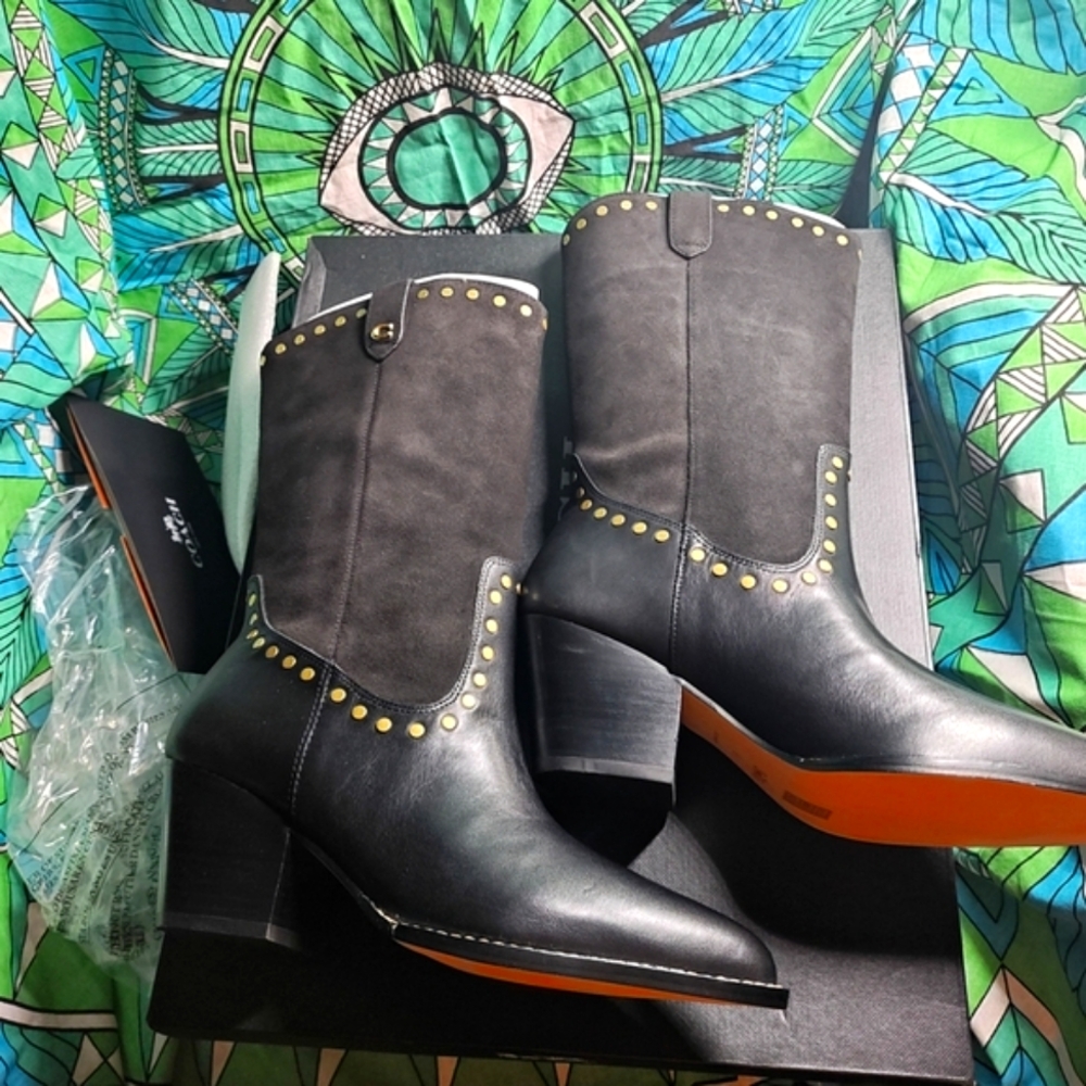 Women's Coach Phoebe's Black Leather/With Suede Gold Studded Boots Sz. 8.5